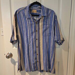 Tommy Bahama Silk Striped Button Down Shirt Short Sleeved Blue Yellow L